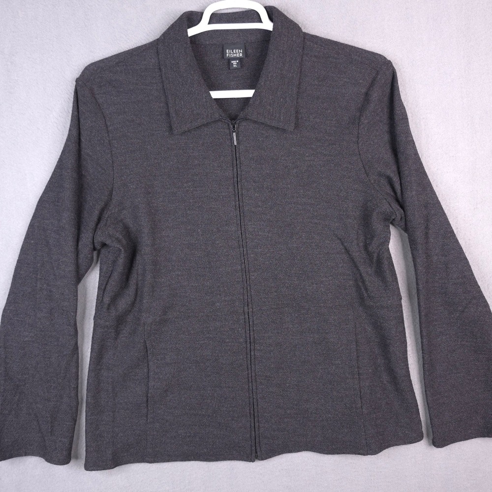 Eileen Fisher Jacket Full Zip Cardigan Dark Gray XL 100% Wool Made in USA